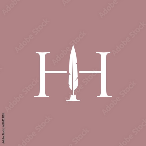 hh letter mark feather pen signature quill double h logo vector icon illustration