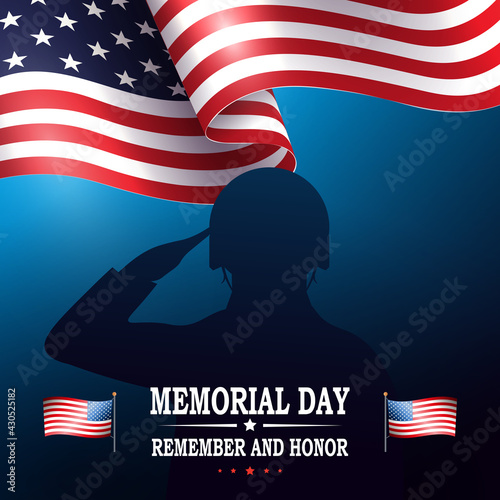 Blue illustration with soldier silhouette and flag of America, memorial day, design element