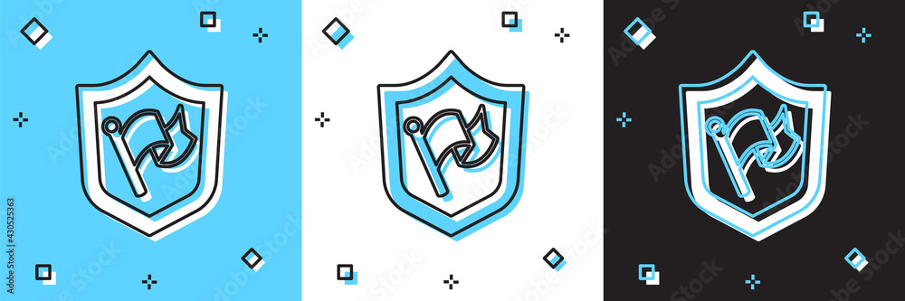 Set Shield with flag icon isolated on blue and white, black background. Victory, winning and conquer adversity concept. Vector Set Shield with flag icon isolated on blue and white, black background. Victory, winning and conquer adversity concept. Vector
