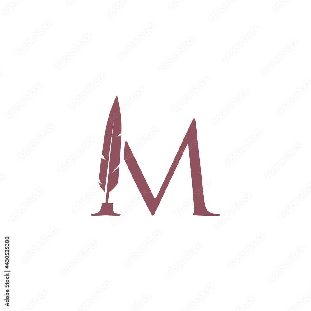 m letter mark feather pen signature quill logo vector icon illustration