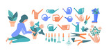 girl transplants flowers. a set of cute colored watering cans, rakes, shovels, scissors, pruners, flowers, rubber boots, gardening gloves. Collection of garden tools on a white background. flat style