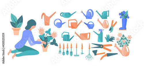 girl transplants flowers. a set of cute colored watering cans, rakes, shovels, scissors, pruners, flowers, rubber boots, gardening gloves. Collection of garden tools on a white background. flat style