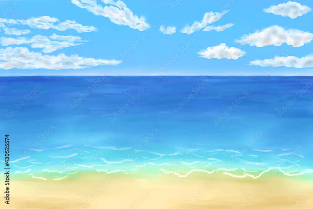 雲が浮かぶ空と海と砂浜 水彩 イラスト Stock Illustration Adobe Stock