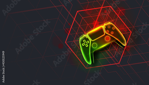 Neon game controller or joystick for game console on dark background.