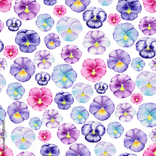 Pansies, purple, blue, pink, watercolor seamless pattern, Viola, buds and leaves, on an isolated background. © Natalia