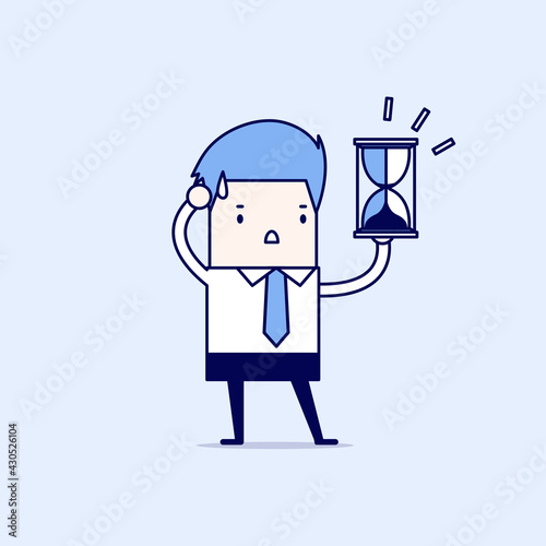 Businessman holding sandglass or hourglass, looking and realise it's nearly time up or deadline. Cartoon character thin line style vector.