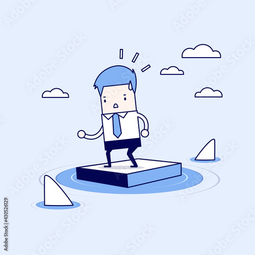 Businessman standing on briefcase In the sea and surrounded by sharks. Cartoon character thin line style vector.