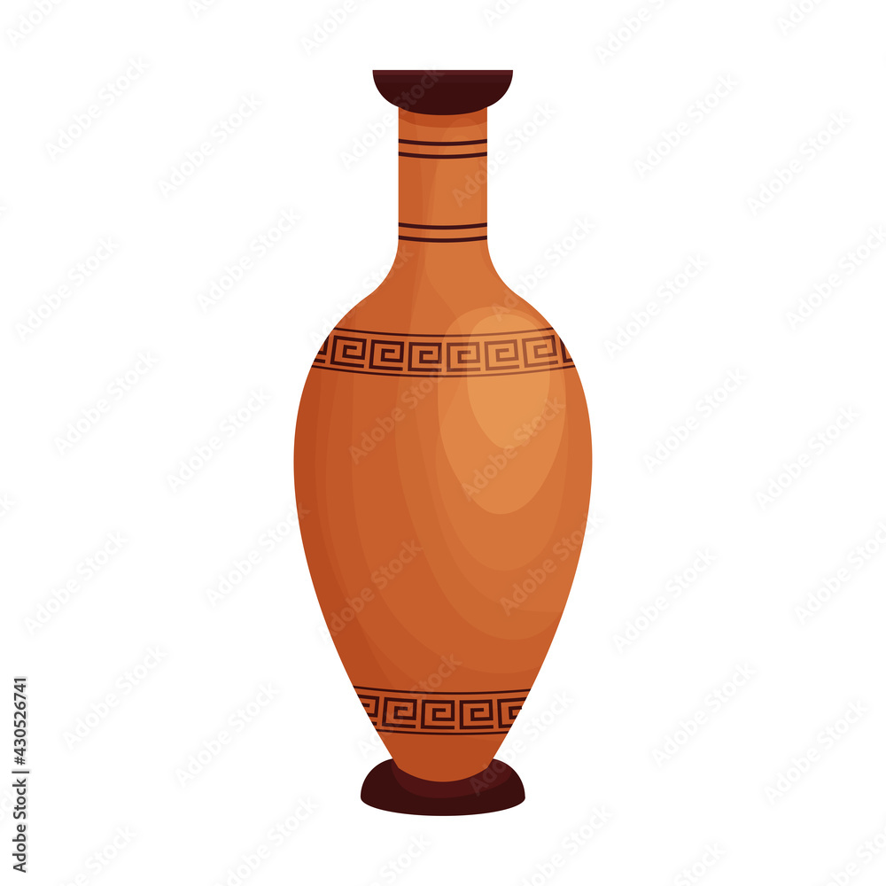 Clay crockery, earthenware amphora with greek patterns in cartoon flat style isolated on white background. Ancient traditional utensil.