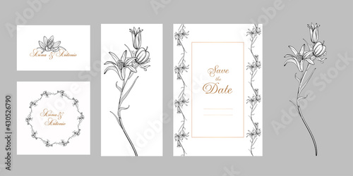 set of postcards with graphic flowers Spring flowers.