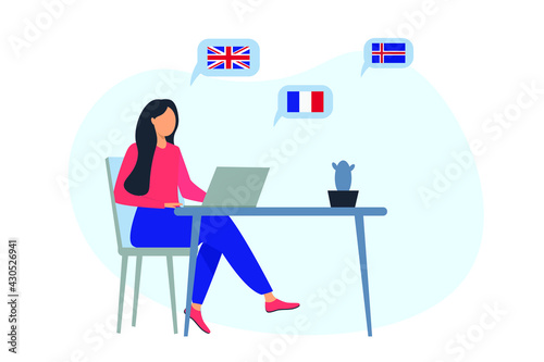 Training and webinars or foreign language lessons online flat vector illustration isolated on white background. Foreign language classes online
