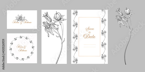 set of postcards with graphic flowers Spring flowers.