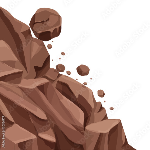 Mountain landslide with falling rocks, stones in cartoon flat style isolated on white background. Natural disaster, danger. Stock vector illustration. photo