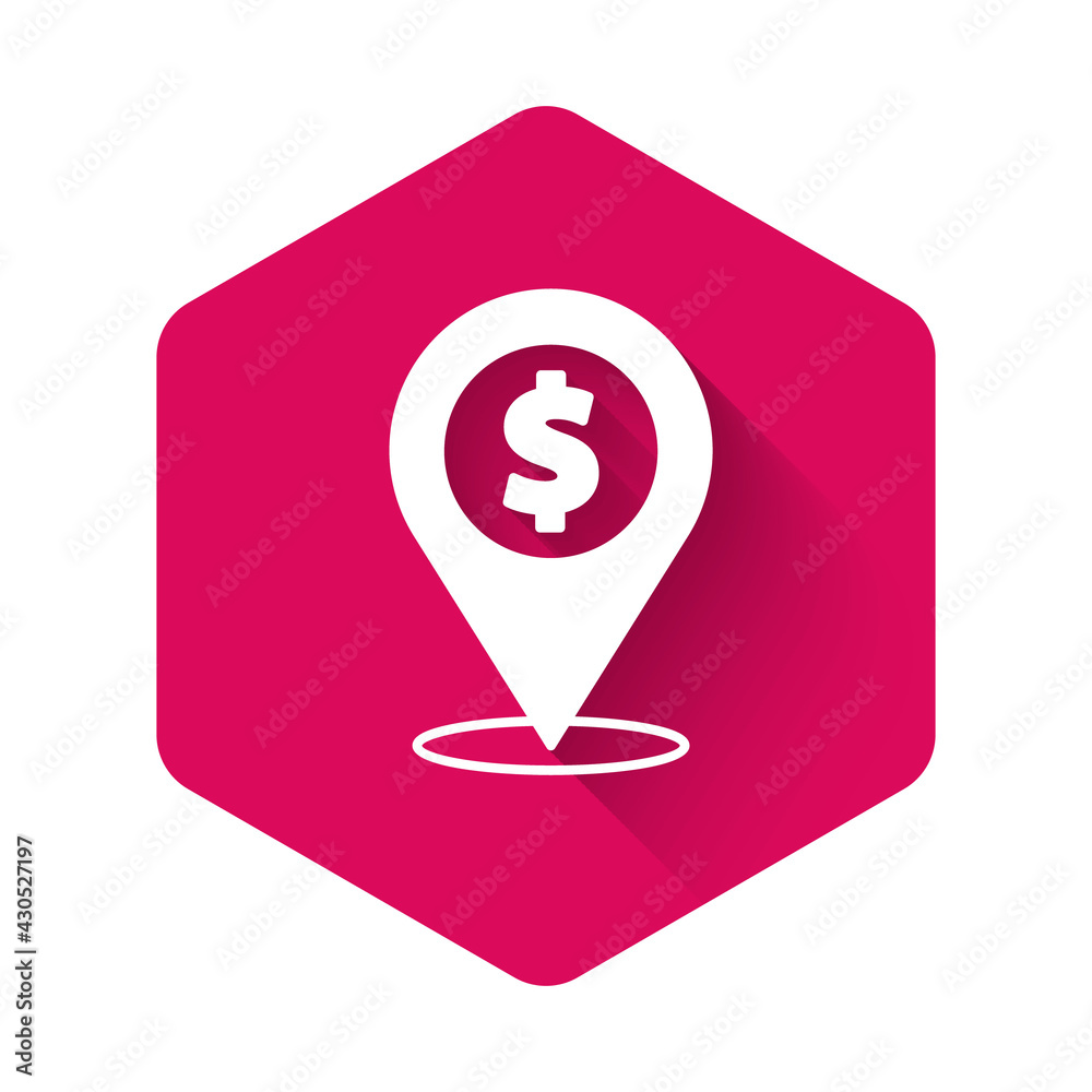 White Cash location pin icon isolated with long shadow background. Pointer and dollar symbol. Money location. Business and investment concept. Pink hexagon button. Vector White Cash location pin icon isolated with long shadow background. Pointer and dollar symbol. Money location. Business and investment concept. Pink hexagon button. Vector