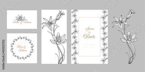 set of postcards with graphic flowers Spring flowers.