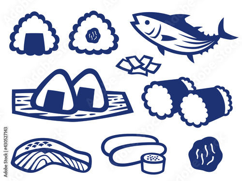 おにぎりと具材の切り絵風イラストセット