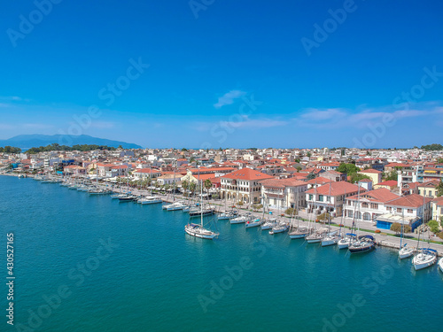 Aerial view over the seaside Preveza city port in Epirus, Greece © panosk18