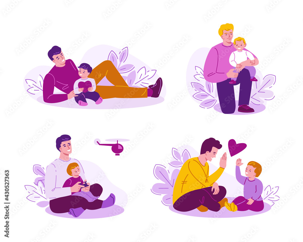 Obraz premium Set of concept of spending time together father and children. Happy family in nature. Vector illustration in flat cartoon style.