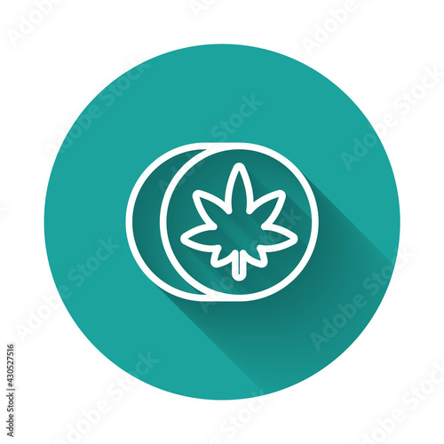 White line Herbal ecstasy tablets icon isolated with long shadow. Green circle button. Vector Illustration