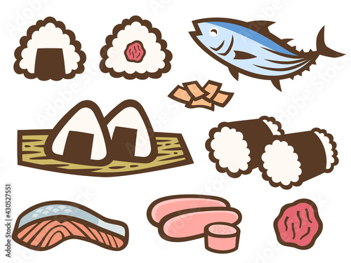 おにぎりと具材の切り絵風イラストセット
