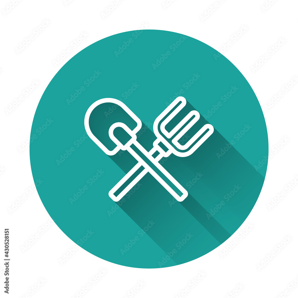 White line Shovel and rake icon isolated with long shadow. Tool for horticulture, agriculture, gardening, farming. Ground cultivator. Green circle button. Vector White line Shovel and rake icon isolated with long shadow. Tool for horticulture, agriculture, gardening, farming. Ground cultivator. Green circle button. Vector
