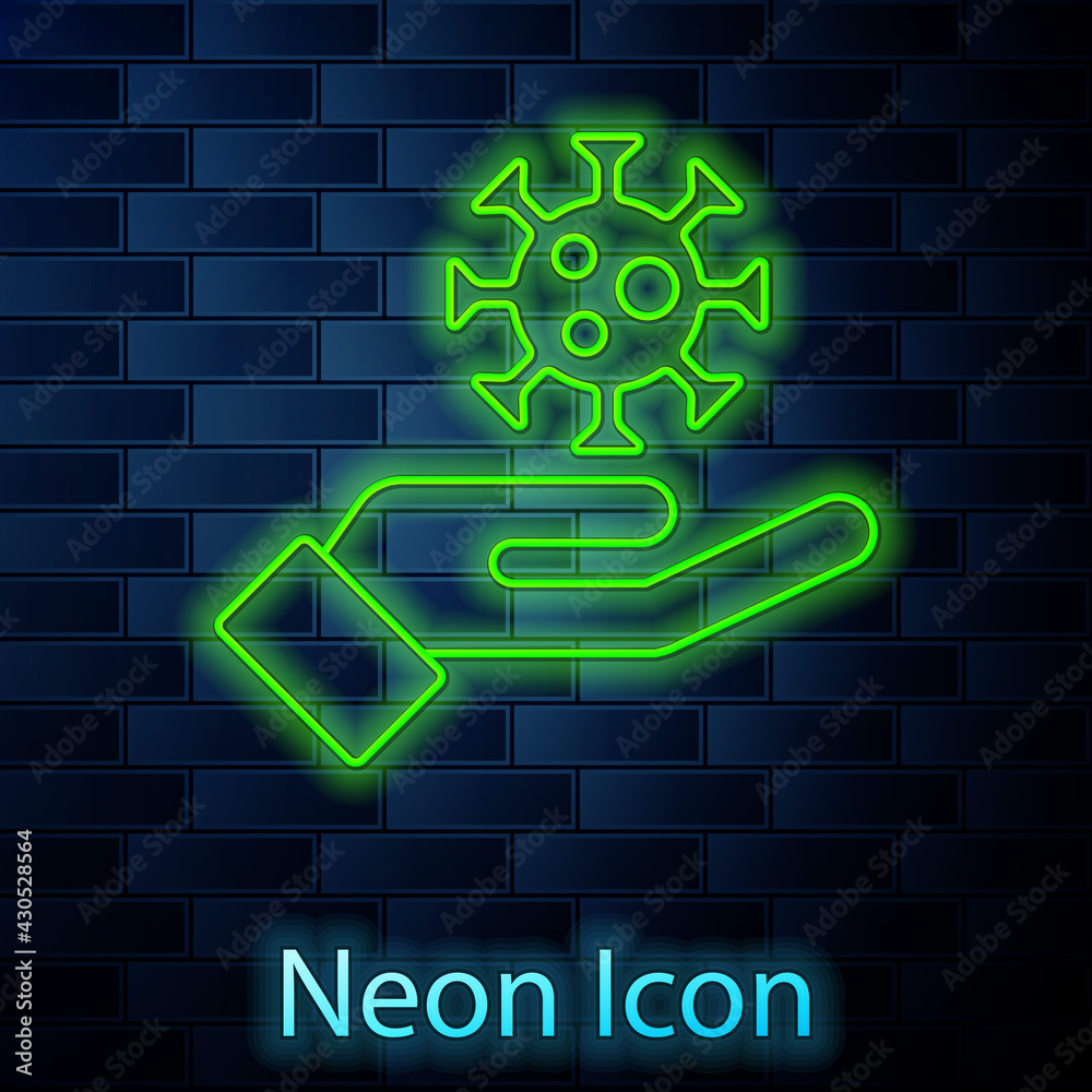 Glowing neon line Hand with virus icon isolated on brick wall background. Corona virus 2019-nCoV. Bacteria and germs, cell cancer, microbe, fungi. Vector. Glowing neon line Hand with virus icon isolated on brick wall background. Corona virus 2019-nCoV. Bacteria and germs, cell cancer, microbe, fungi. Vector.