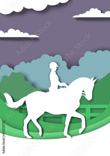 Dressage horse and rider silhouettes, vector illustration in paper art style. Equestrian sport, horseback riding.