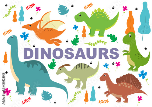 Cute Dinosaurs Cartoon Characters Illustration as Spinosaurus, Parasaurolophus, Stegosaurus, Tyrannosaurus, Pterodactyl, and Diplodocus. Wallpaper Background Template © denayune
