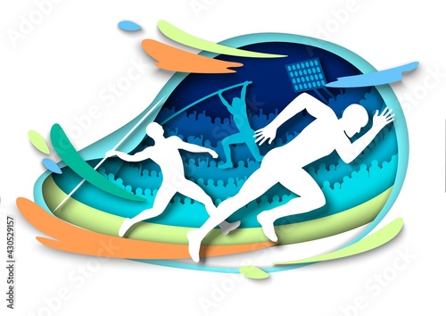 Athletics sport events. Athlete silhouettes, vector illustration in paper art style. Sprints. Pole vault. Javelin throw.