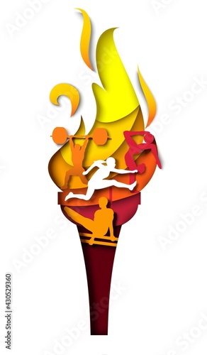 Flaming torch with athlete silhouettes, vector paper cut illustration. Sport competition torch relay opening ceremony.