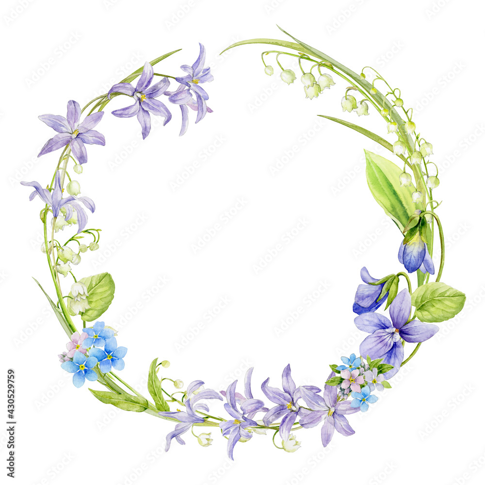 Spring delicate beautiful wreath. Watercolour illustration. Spring flowers are woven into a wreath.