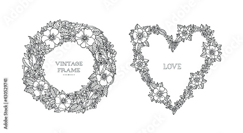 Forest flowers wreath, floral heart. Vector. Coloring book page. Hand drawn artwork. Love bohemia concept for wedding invitation, card ticket, branding, boutique label. Black and white. 
