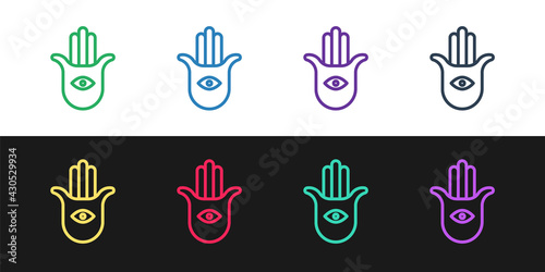 Set line Hamsa hand icon isolated on black and white background. Hand of Fatima - amulet  symbol of protection from devil eye. Vector