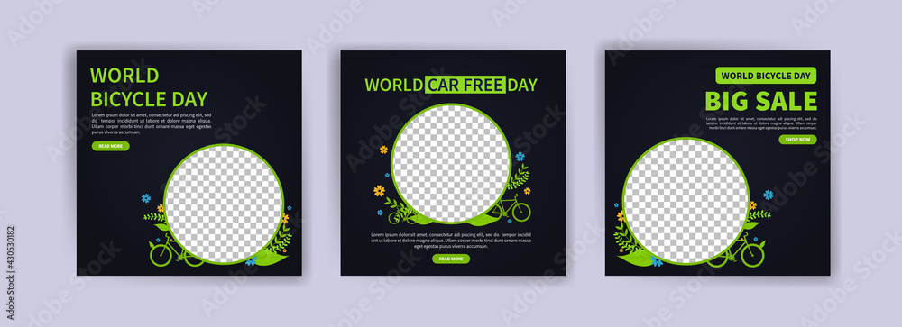 World Bicycle Day. Social media post for world bicycle day. Environmental conservation campaign. Discount sales banner. World Bicycle Day. Social media post for world bicycle day. Environmental conservation campaign. Discount sales banner.