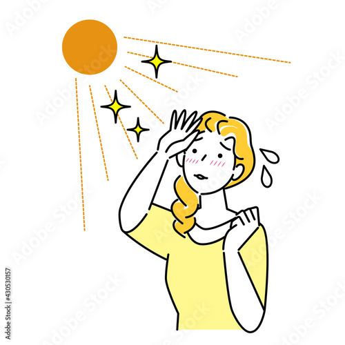 夏の太陽で日焼けして肌がヒリヒリしている女性 暑苦しくて汗をかいている イラスト シンプル ベクター