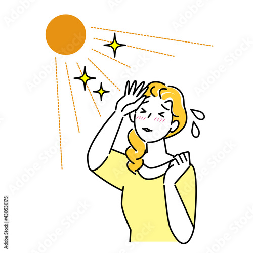 夏の太陽で日焼けして肌がヒリヒリしている女性 暑苦しくて汗をかいている イラスト シンプル ベクター