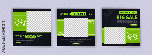 World Bicycle Day. Social media post for world bicycle day. Environmental conservation campaign. Discount sales banner.