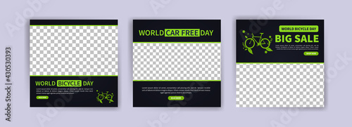 World Bicycle Day. Social media post for world bicycle day. Environmental conservation campaign. Discount sales banner.