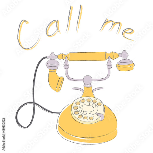 Vector illustration of a yellow antique telephone isolated on white background with the handwritten lettering 
