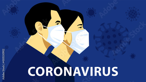 People in white medical face mask. Man and woman and viruses in the air. Coronavirus concept. Modern vector illustration on a social topic. Blue background.