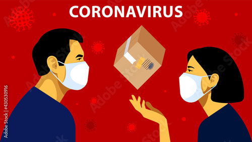 Worldwide Parcel Express in The World. People in white medical face masks send a cardboard postage box. Shipping in The World. Concept of delivery, parcel, postal service. Modern vector