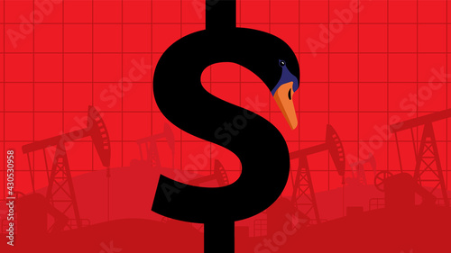 Black swan in the shape of dollar. The Black Swan Theory. Red background with oil pump jack. Concept of crash, crisis, unexpected occasion. Vector modern illustration.