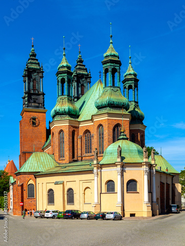 Exterior of Archcathedral Basilica of St. Peter and St. Paul on historic Ostrow Tumski island at Cybina river in Poznan, Poland