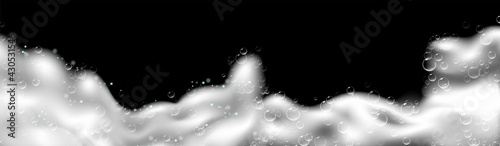 Realistic background with Soap foam. Bath laundry white bubbles, shampoo soap clean bubbling shiny washing hygiene detergent vector. Black background