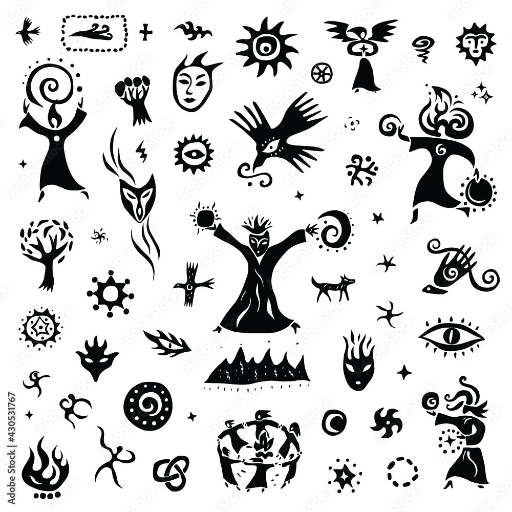 fairytale character magician shaman - icon set,doodles fairytale character magician shaman - icon set,doodles