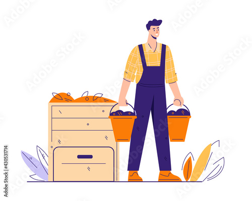 Composting organic waste concept. A man carries in buckets ready-made compost for organic farming. Vector illustration in flat cartoon style. Isolated on white.