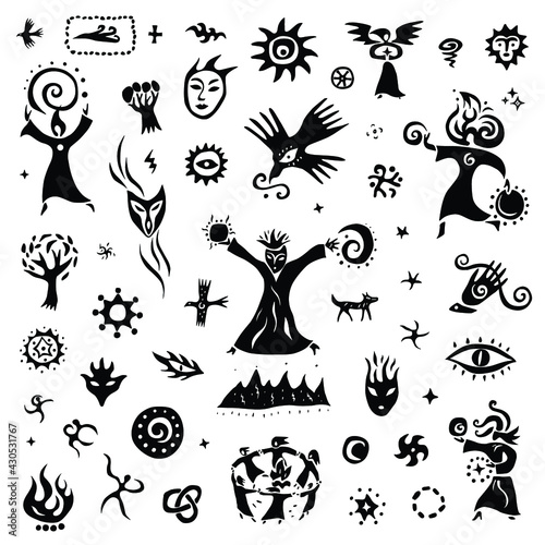 fairytale character magician shaman - icon set,doodles