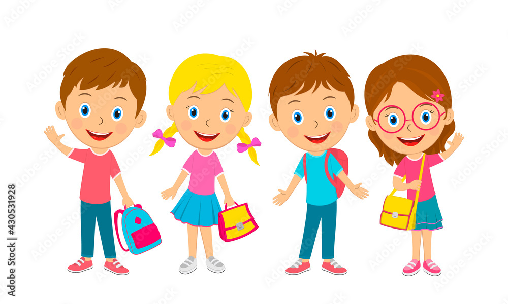 cute cartoon kids stand with bags