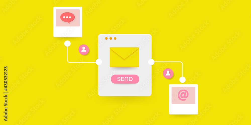 Sending email to customer with email marketing software process conceptual 3d style illustration with yellow background.