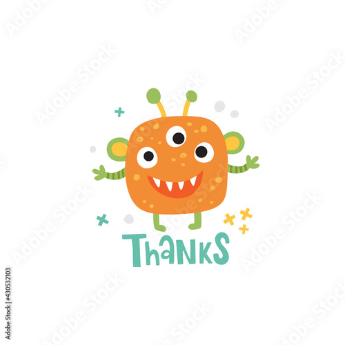 cute orange monster and thanks lettering text