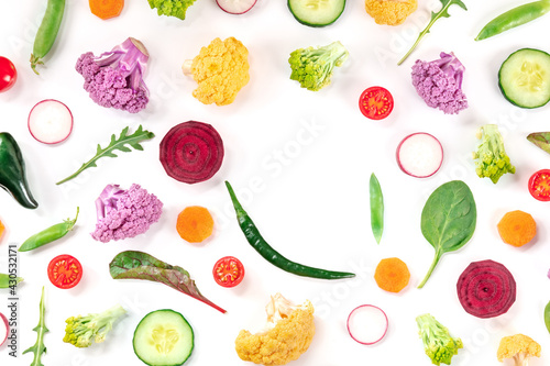 Fresh vegetable background with copy space. A frame